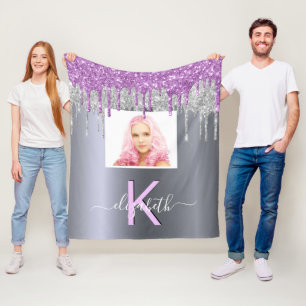 Benutzerdefiniertes Foto Silber Glitzer lila Monog Fleecedecke