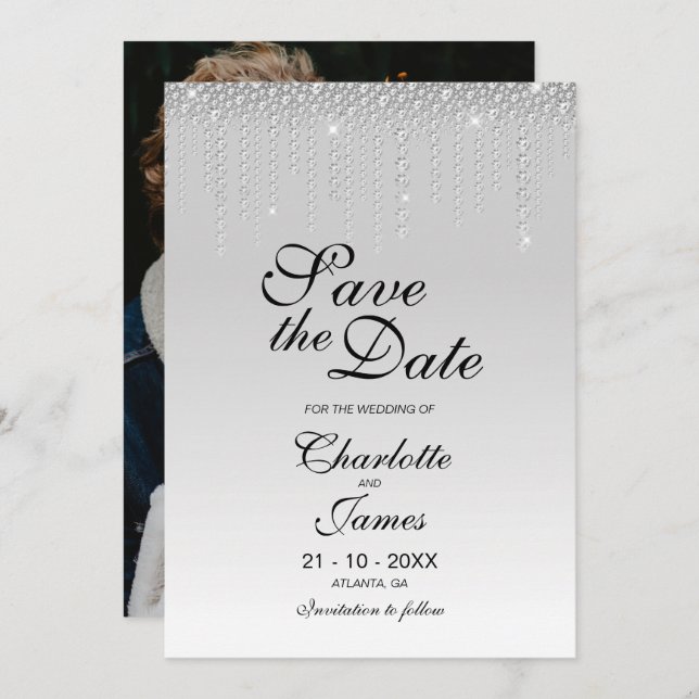 Benutzerdefiniertes Foto Silver Diamonds Wedding S Save The Date (Vorne/Hinten)