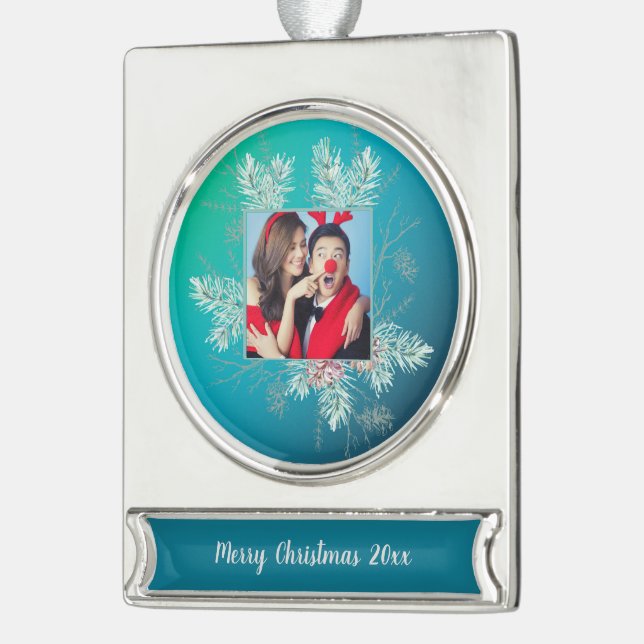 Benutzerdefiniertes Foto und Text Pinecone Evergre Banner-Ornament Silber (Links)