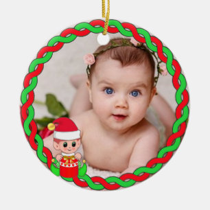 Benutzerdefiniertes Foto, Weihnachtself und grüner Keramik Ornament