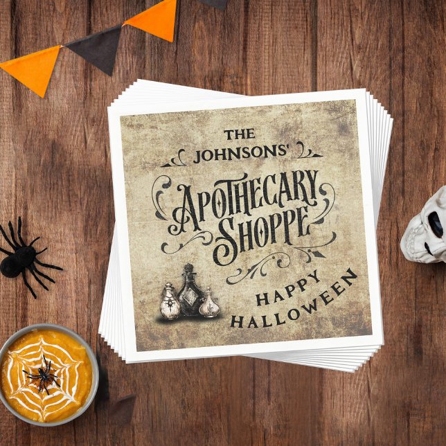 Benutzerdefiniertes Frohes Halloween  Serviette (Happy Halloween Paper Napkin with Custom Family Name and Apothecary Shoppe design)