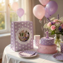 Benutzerdefiniertes Geburtstagsfoto & Lila Punkte Mittlere Geschenktüte