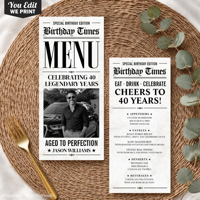 Benutzerdefiniertes Geburtstagszeitungsmenü, Gebur Menükarte (Custom Birthday Newspaper Menu, Birthday Dinner Menu)