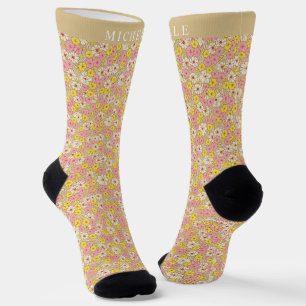 Benutzerdefiniertes Gelb Weiß Pink Blumen Blumen M Socken