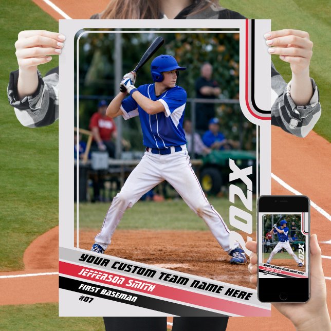 Benutzerdefiniertes Geschenk für Baseball-Spieler  Poster (Baseball Player Poster in Light Grey with Custom Team Name and Grey Red Stripes)