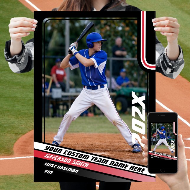 Benutzerdefiniertes Geschenk für Baseball-Spieler  Poster (Baseball Player Poster in Black with Custom Team Name and White Red Stripes)