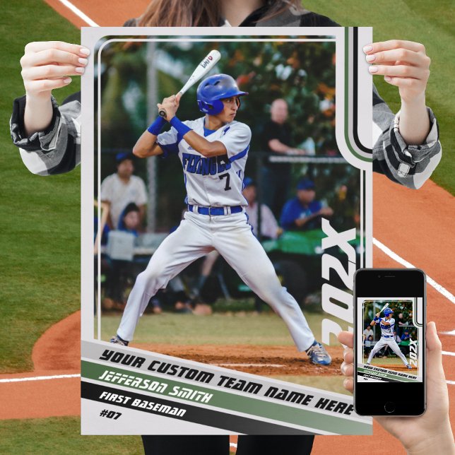 Benutzerdefiniertes Geschenk für Baseball-Spieler  Poster (Baseball Player Poster in Light Grey with Custom Team Name and Grey Green Stripes)