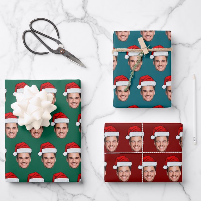 Benutzerdefiniertes Gesichtsfoto mit Santa Hut | E Geschenkpapier Set (Vorderseite)