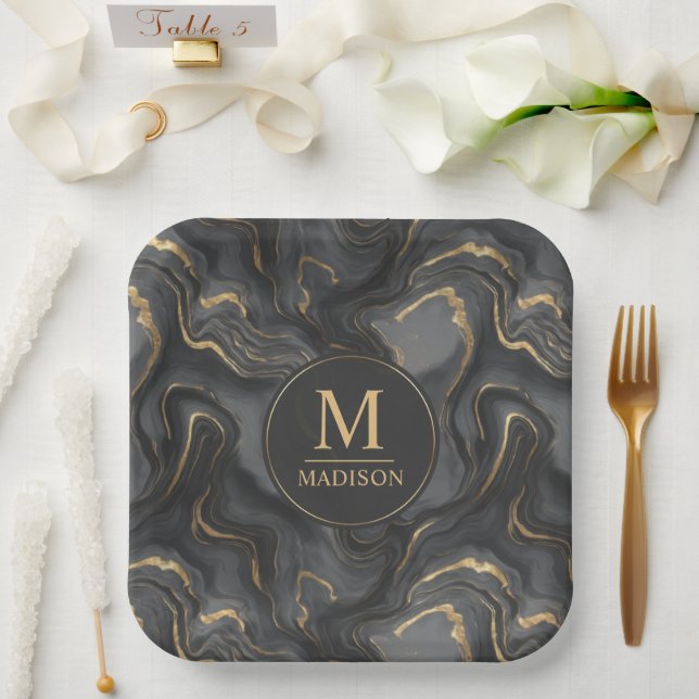 Benutzerdefiniertes Goldenes Schwarz und Gold Glit Pappteller (Hochzeit)