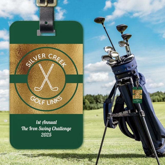 Benutzerdefiniertes Golfgrün-Turnier erstellen Gepäckanhänger (Custom Golf Themed ID Tag for Golfers. Classic gold, green and white. Tournaments, clients, promos)
