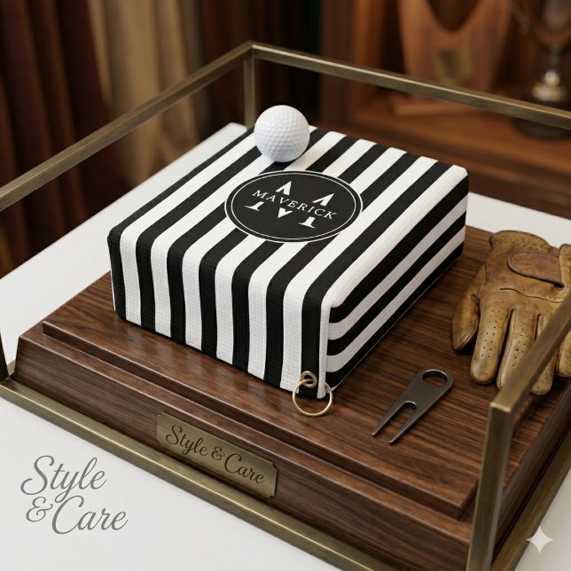 Benutzerdefiniertes Golfhandtuch mit schwarzem wei (Custom Initial Name Black White Stripe Golf Towel)