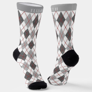 Benutzerdefiniertes Grau Schwarz Weiß Rot Argyle-M Socken