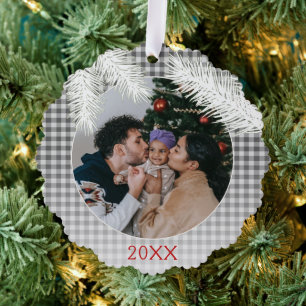 Benutzerdefiniertes Grau-Weiß-Karo-Gingham-Muster Ornament Karte