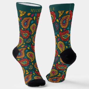 Benutzerdefiniertes Grün Gelb Rot Paisley-Muster Socken