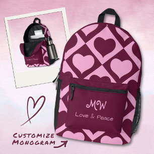 Benutzerdefiniertes Herz Karomuster Bordeaux Rosa Bedruckter Rucksack