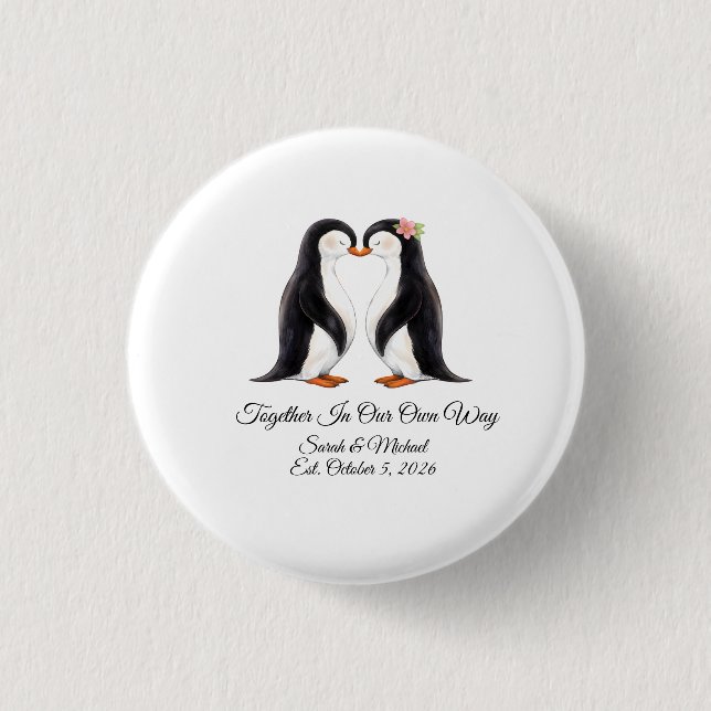 Benutzerdefiniertes Hochzeitspinguin-Paar  Button (Vorderseite)