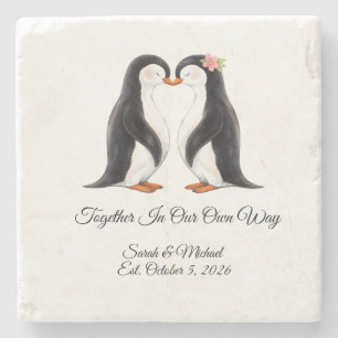 Benutzerdefiniertes Hochzeitspinguin-Paar Steinuntersetzer
