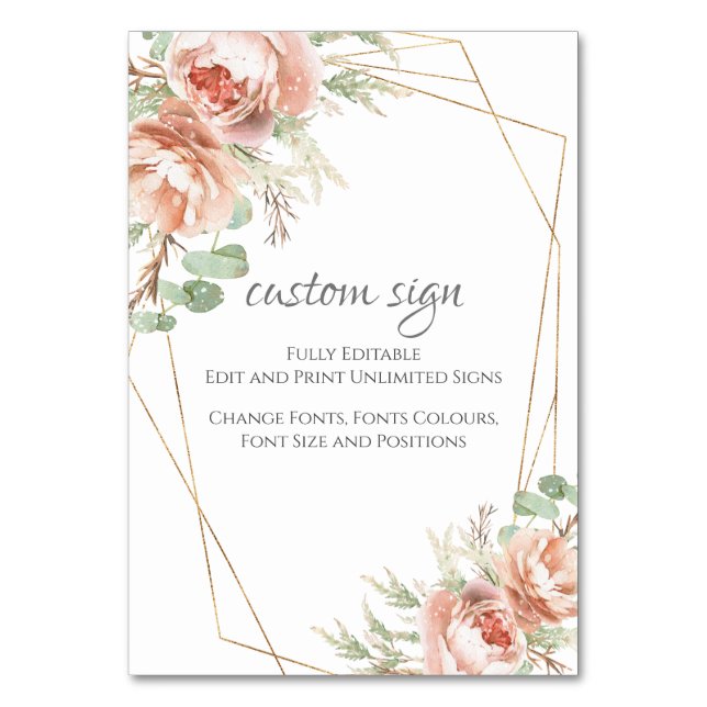 Benutzerdefiniertes Hochzeitsschild Blush Rosen Tischnummer (Vorderseite)