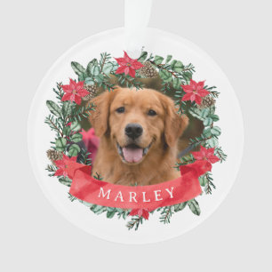 Benutzerdefiniertes Hunde-Foto mit Namen Poinsetti Ornament