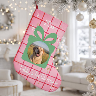 Benutzerdefiniertes Hunde-Foto Rosa Karo Erstes We Kleiner Weihnachtsstrumpf