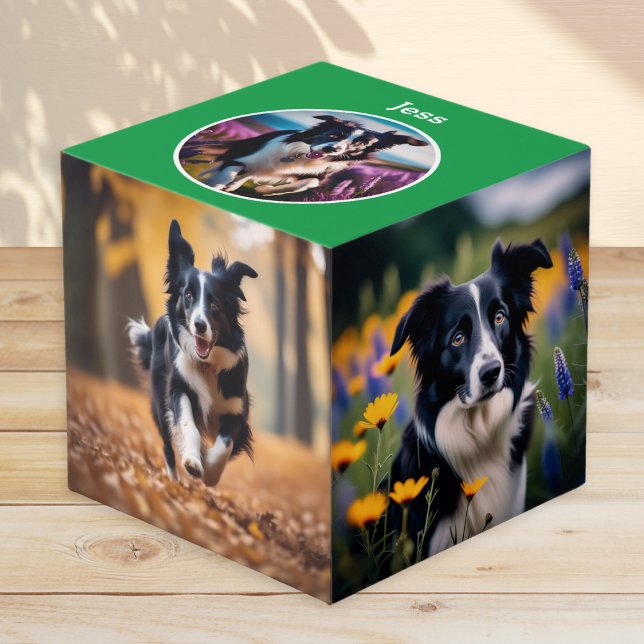 Benutzerdefiniertes Hundeschleifen Geschenk grüner Würfel (A personalized photo block, featuring your favorite photos of your dog and your pet's name)