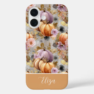Benutzerdefiniertes Kürbis- und Blumen-Karo-Muster iPhone 16 Hülle