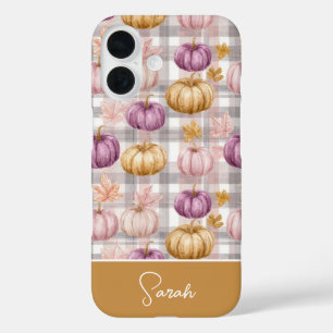 Benutzerdefiniertes Kürbis- und Blumen-Karo-Muster iPhone 16 Hülle