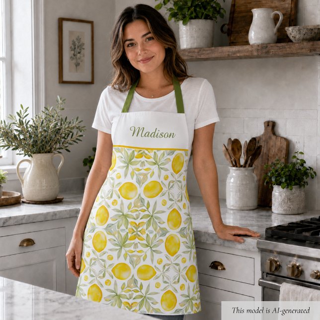 Benutzerdefiniertes Lemon-Wasserfarben-Muster Schürze (elegant watercolor mediterranean citrus lemon pattern apron with custom name monogram)