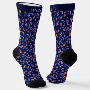 Benutzerdefiniertes Licht Dunkelblau Florales Rosa Socken