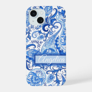 Benutzerdefiniertes Licht Dunkelblau Weiß Paisley- iPhone 15 Hülle