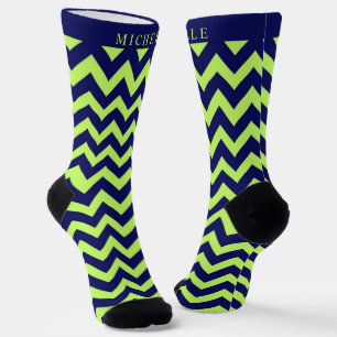 Benutzerdefiniertes Limettengrün Navy Blau Chevron Socken