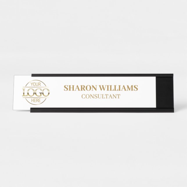 Benutzerdefiniertes Logo | Berufliches White Gold  Schreibtischnamensplakette (Vorderseite )