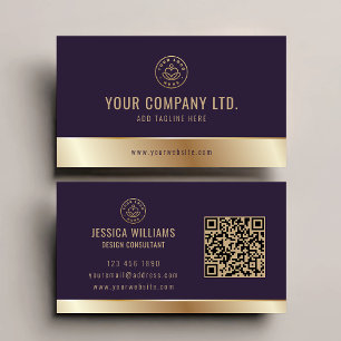 Benutzerdefiniertes Logo Eleganter Lila Gold QR Co Visitenkarte