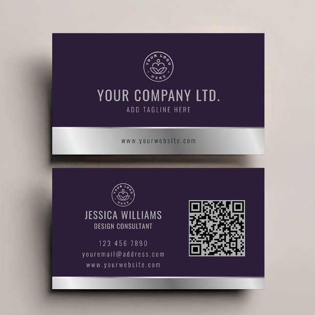 Benutzerdefiniertes Logo Eleganter Lila Silver QR- Visitenkarte (Von Creator hochgeladen)