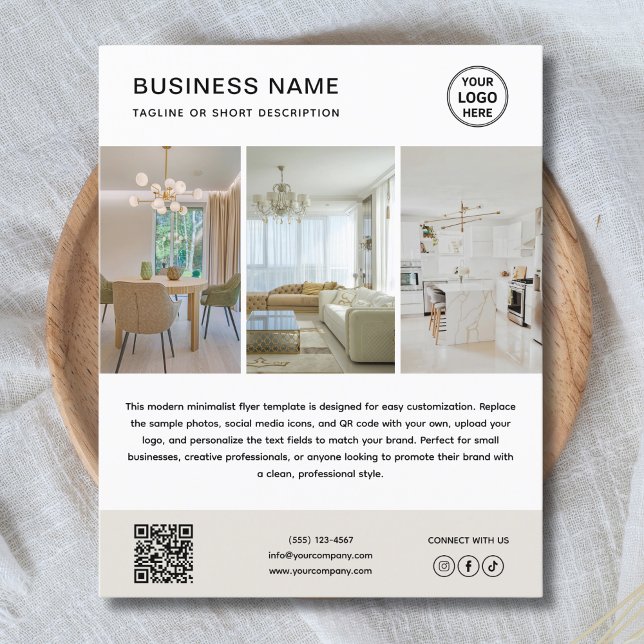 Benutzerdefiniertes Logo Foto Minimalistischer Ges Flyer (Modern minimalist flyer template with custom logo, QR code, and editable social media icons.)