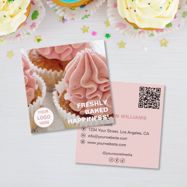 Benutzerdefiniertes Logo Foto QR Pink Bakery Quadratische Visitenkarte (Custom Logo Photo QR Pink Bakery Square Business Card)