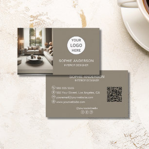 Benutzerdefiniertes Logo Foto QR Social Media Beig Visitenkarte