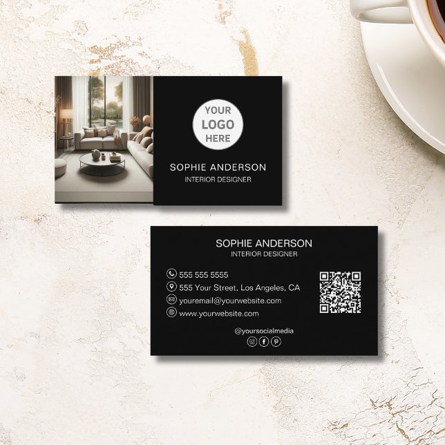 Benutzerdefiniertes Logo-Foto QR Social Media Blac Visitenkarte (Custom Logo Photo QR Social Media Black Business Card)