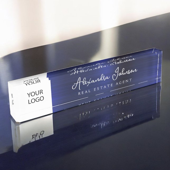 Benutzerdefiniertes Logo Navy Blue Elegant Berufli Namensplakette (Von Creator hochgeladen)