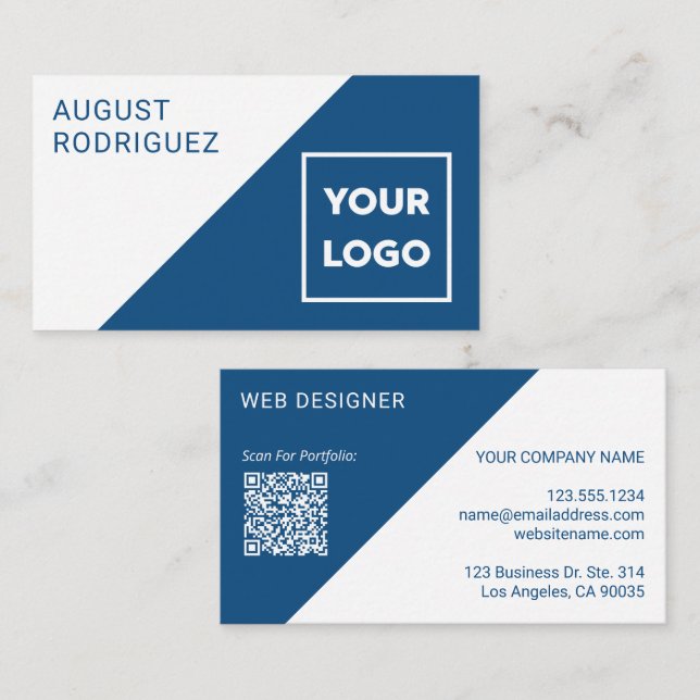 Benutzerdefiniertes Logo QR Code Blau Weiße Geomet Visitenkarte (Vorne/Hinten)
