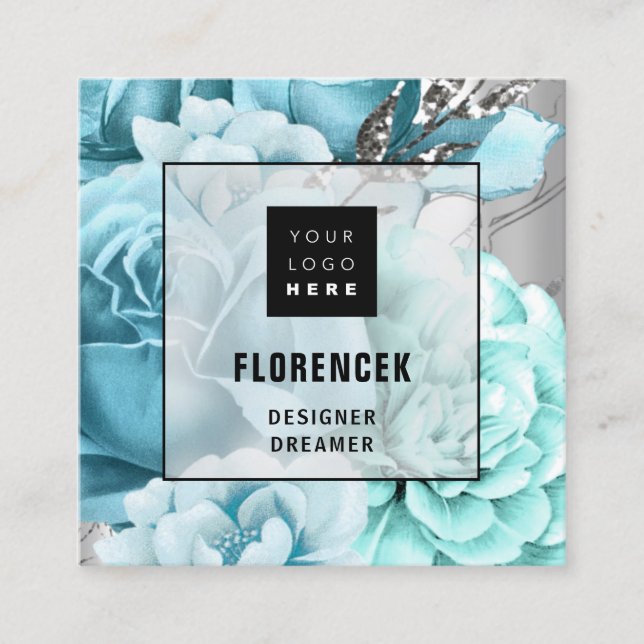 Benutzerdefiniertes Logo QR CODE Silver Gray Flora Quadratische Visitenkarte (Vorderseite)