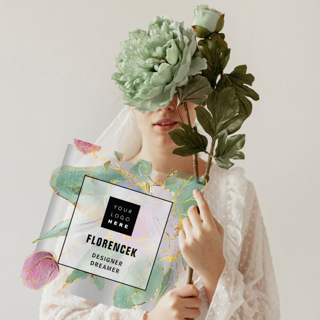 Benutzerdefiniertes Logo QR CODE Silver Grey Green Quadratische Visitenkarte (Custom Logo QR CODE Silver Gray Green Floral Square Business Card)