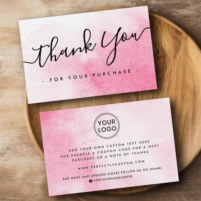 Benutzerdefiniertes Logo rosa Aquarellfarbe Danke  (Custom logo pink watercolor thank you insert card)