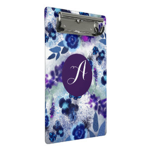Benutzerdefiniertes Monogramm Blau Lila Blumen Mus Mini Klemmbrett