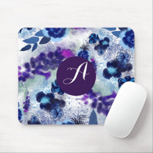 Benutzerdefiniertes Monogramm Blau Lila Blumen Mus Mousepad