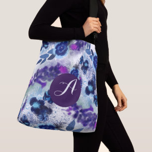 Benutzerdefiniertes Monogramm Blau Lila Blumen Mus Tragetaschen Mit Langen Trägern