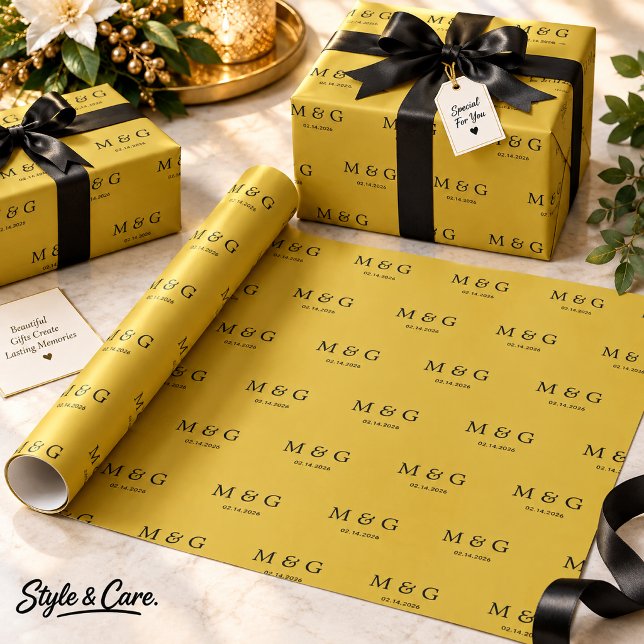 Benutzerdefiniertes Monogramm-Datums-Muster Metall Geschenkpapier (Custom Monogram Date Pattern Metallic Gold Wrapping Paper)