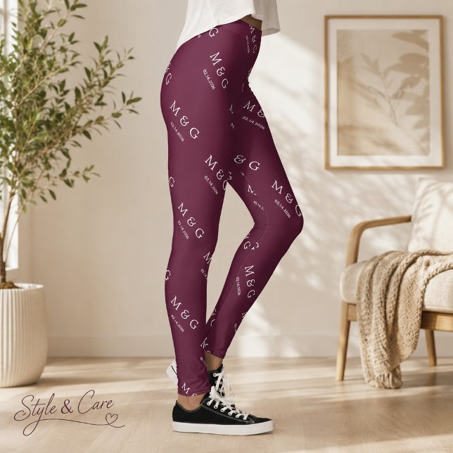Benutzerdefiniertes Monogramm-Datums-Muster Stilvo Leggings (Custom Monogram Date Pattern Stylish Burgundy Leggings)