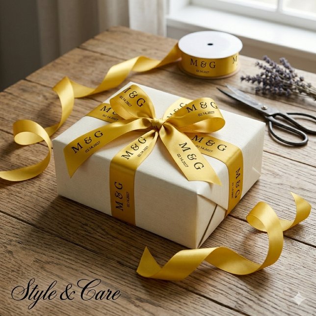 Benutzerdefiniertes Monogramm-Datums-Muster Stilvo Satinband (Custom Monogram Date Pattern Stylish Gold Satin Ribbon)