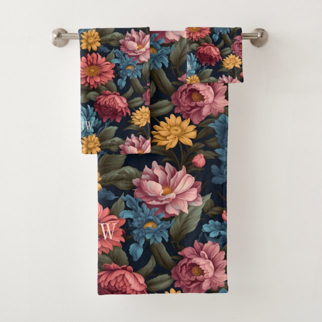Benutzerdefiniertes Monogramm Farbiges Blume-Muste Badhandtuch Set (Insitu)